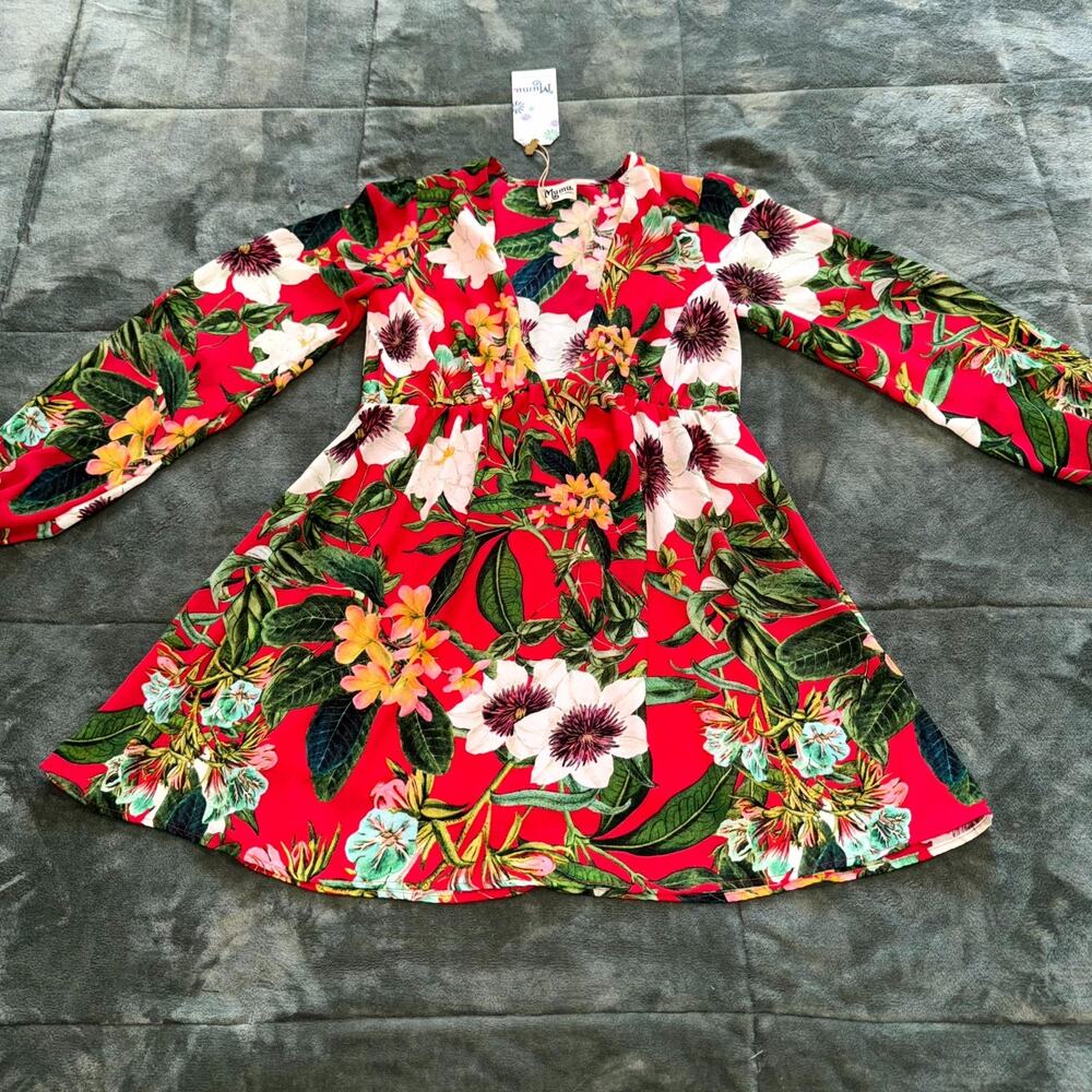Show Me Your Mumu Babydoll Dress Womens XS Red‎ Tropical Floral Boho Resort Wear